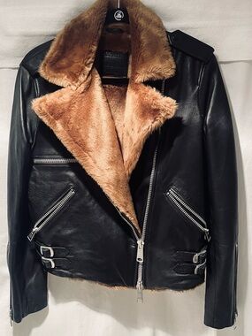 Black Leather Moto Jacket with Brown Faux Fur Lining